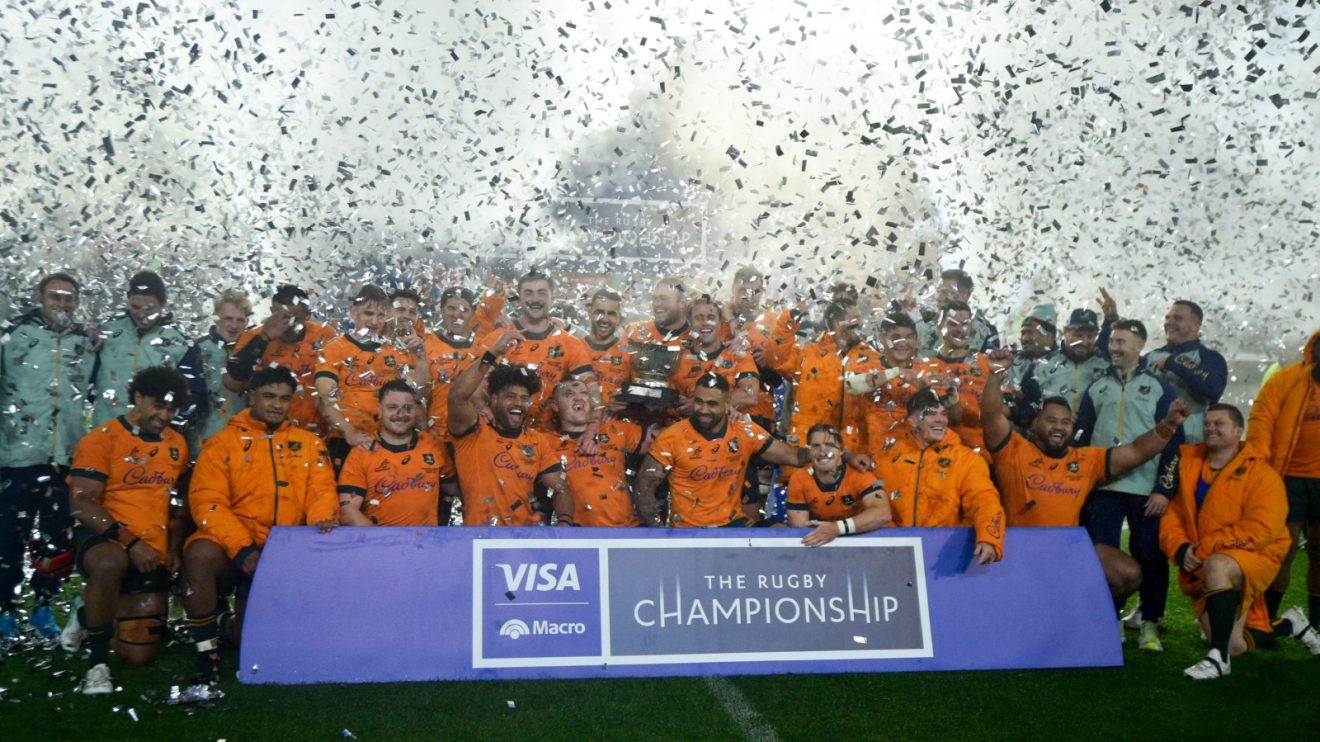 The Wallabies celebrate after beating Argentina.