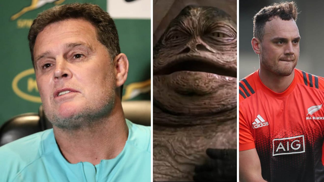 Springboks head coach Rassie Erasmus, Star Wars' Jabba the Hut and ex-All Blacks fullback Israel Dagg.