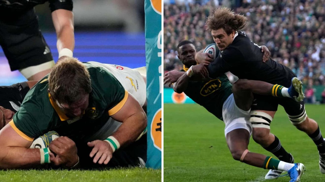 Springboks flanker Kwagga Smith and All Blacks' back rower Ethan Blackadder during the Test match at Ellis Park.