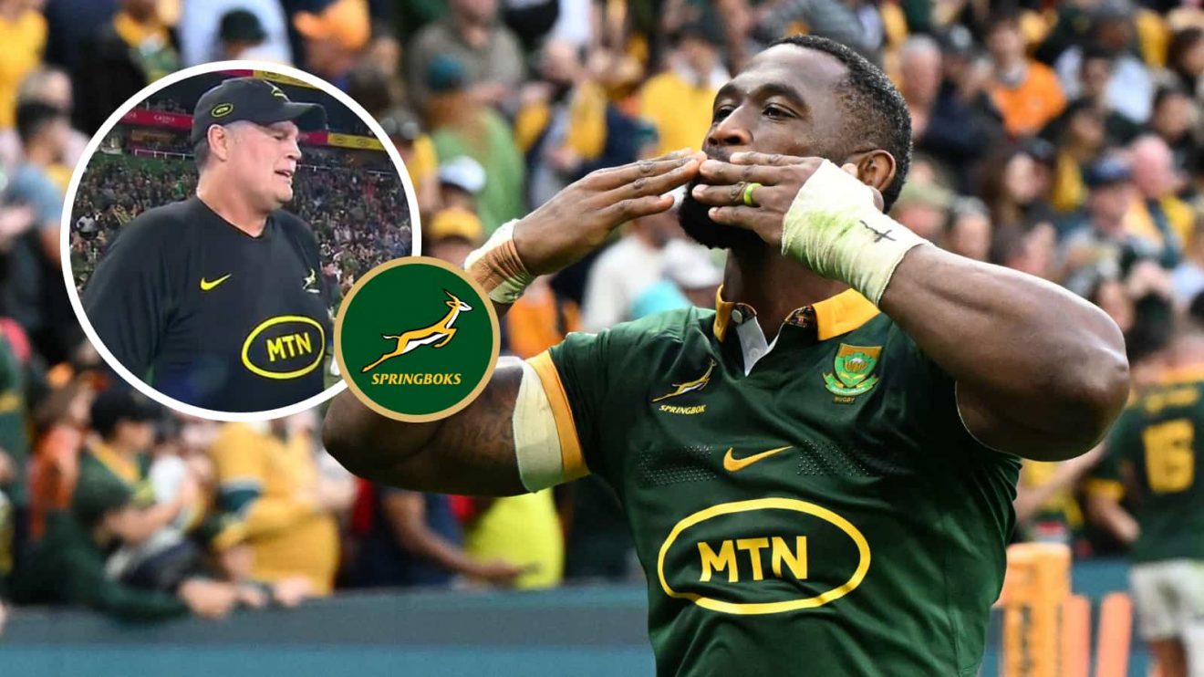 Springboks captain Siya Kolisi and an insert of head coach Rassie Erasmus.