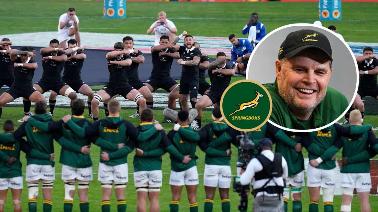 All Blacks perform the Haka in front of the Springboks and an insert of Rassie Erasmus.