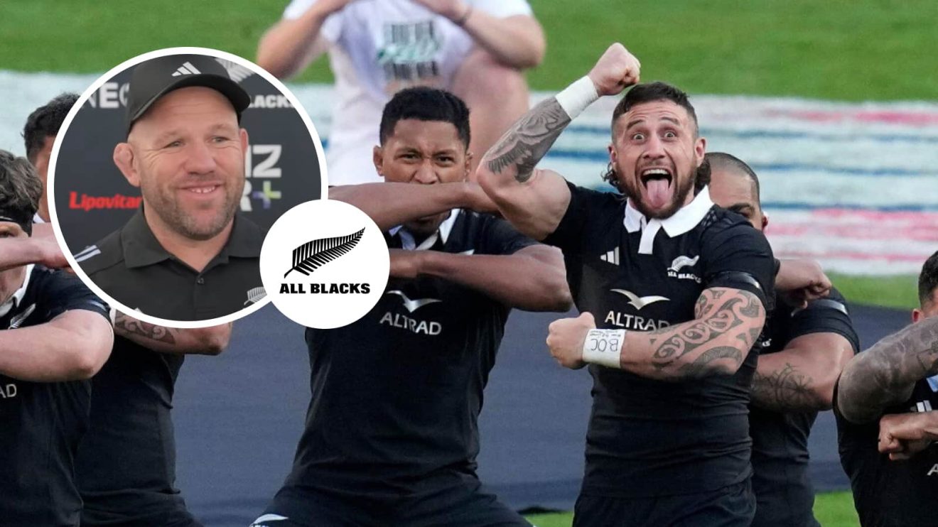 TJ Perenara during the All Blacks Haka at Ellis Park and an insert of forward coach TJ Perenara.