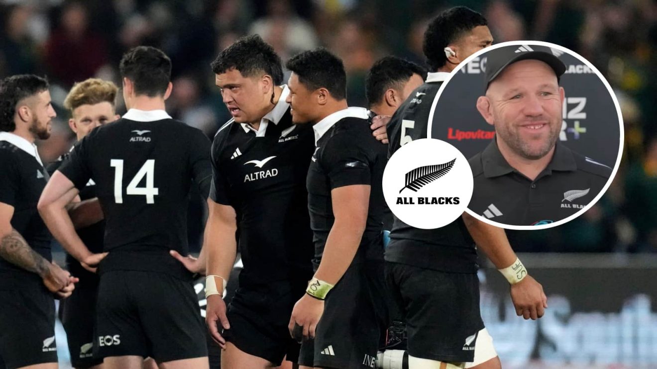 All Blacks players huddle and an insert of forward coach Jason Ryan.