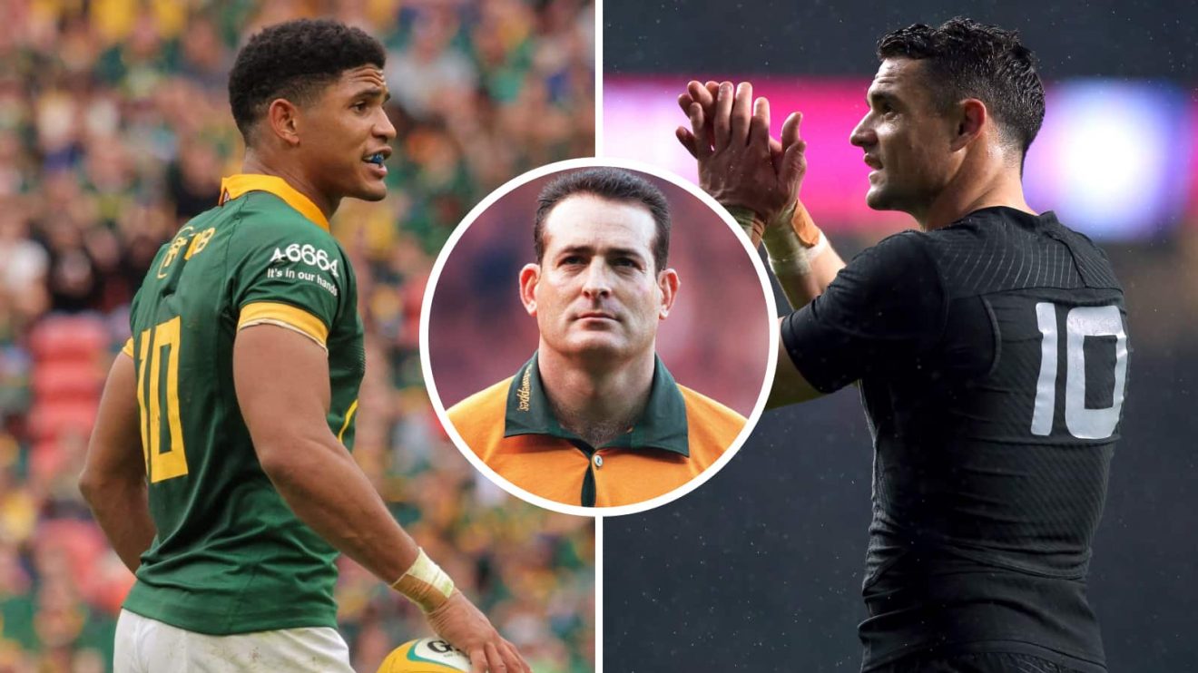 A split image of Springboks Sacha Feinberg-Mngomezulu, Wallabies great David Campese and All Blacks legend Dan Carter.