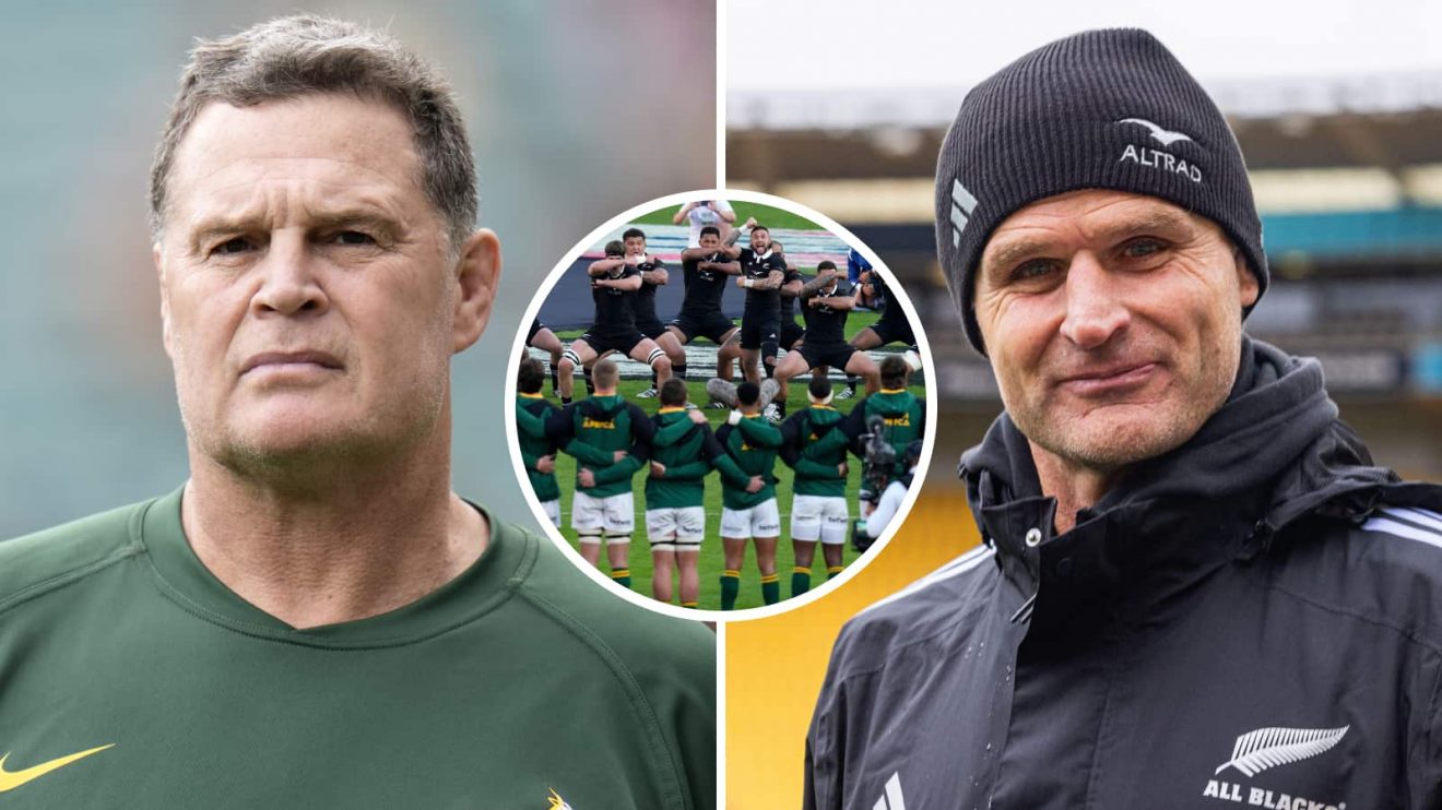 Springboks head coach Rassie Erasmus, All Blacks head coach Scott Robertson and the haka.
