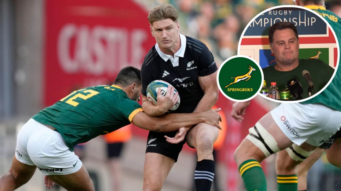 Damian de Allende tackles Jordie Barrett and an insert of Springboks boss Rassie Erasmus.