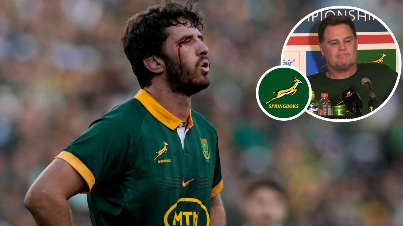 Springboks lock Ruan Nortje and an insert of Rassie Erasmus.
