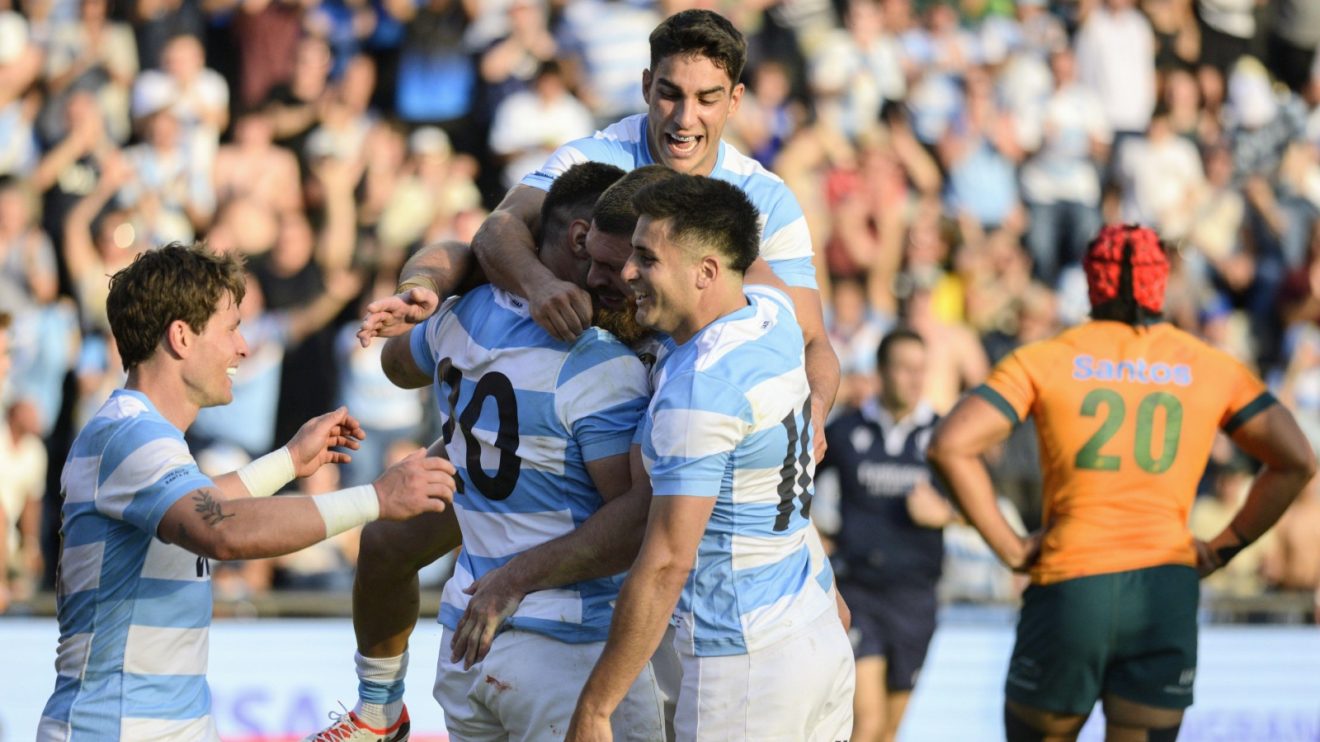 Argentina players after scoring a try against the Wallabies.