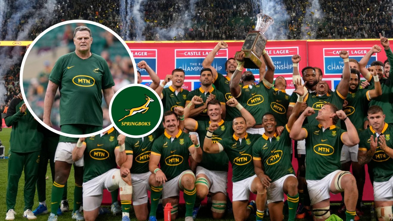 Split with the Springboks lifting the Freedom Cup and Rassie Erasmus.