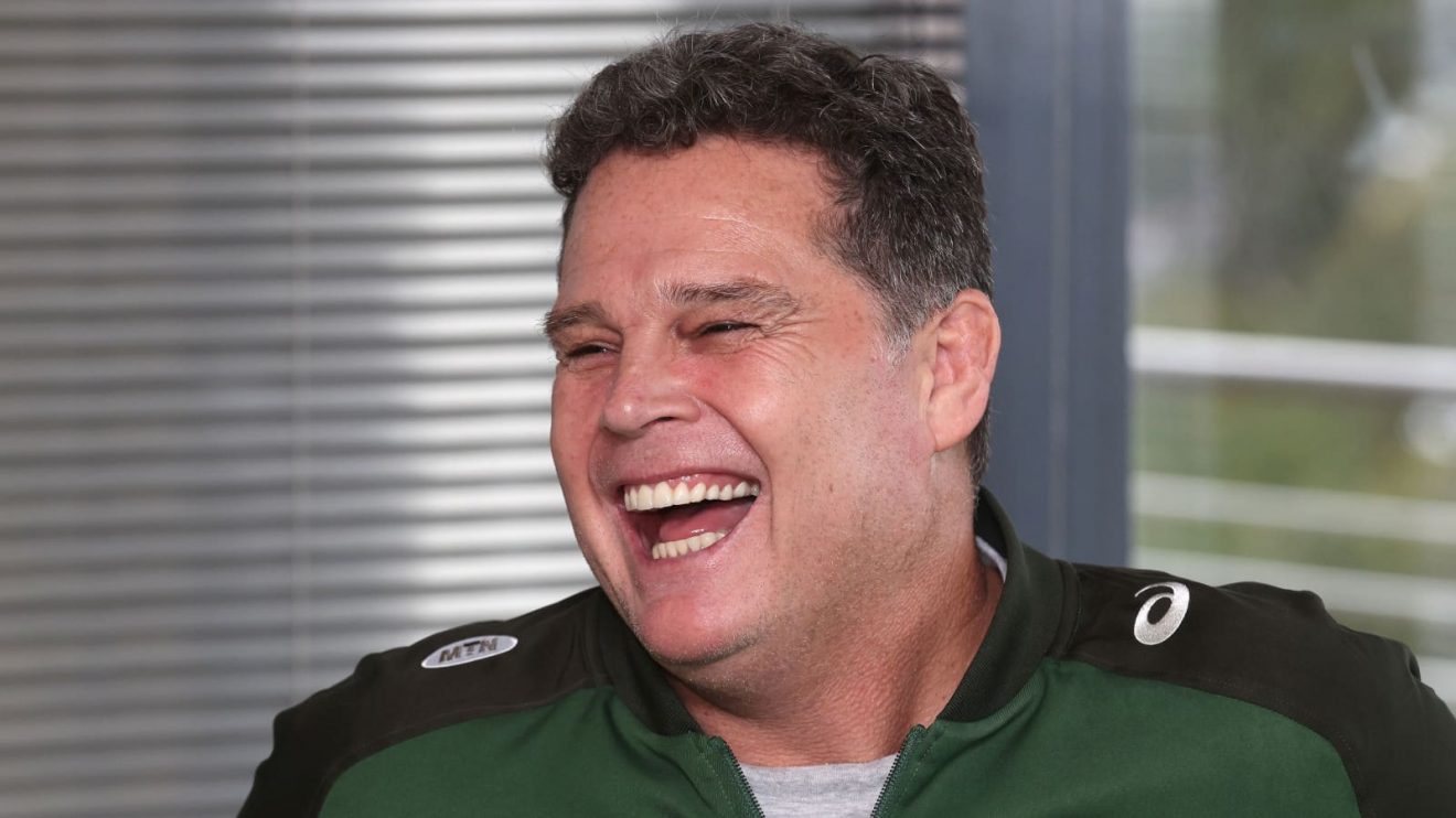 Springboks head coach Rassie Erasmus laughing.