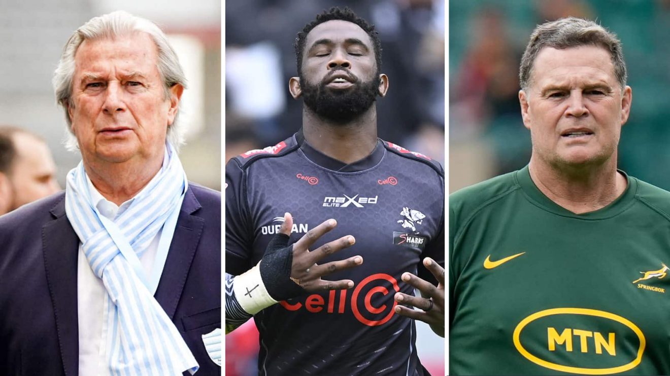 Racing 92 president Jacky Lorenzetti, Sharks flanker Siya Kolisi and Springboks boss Rassie Erasmus.