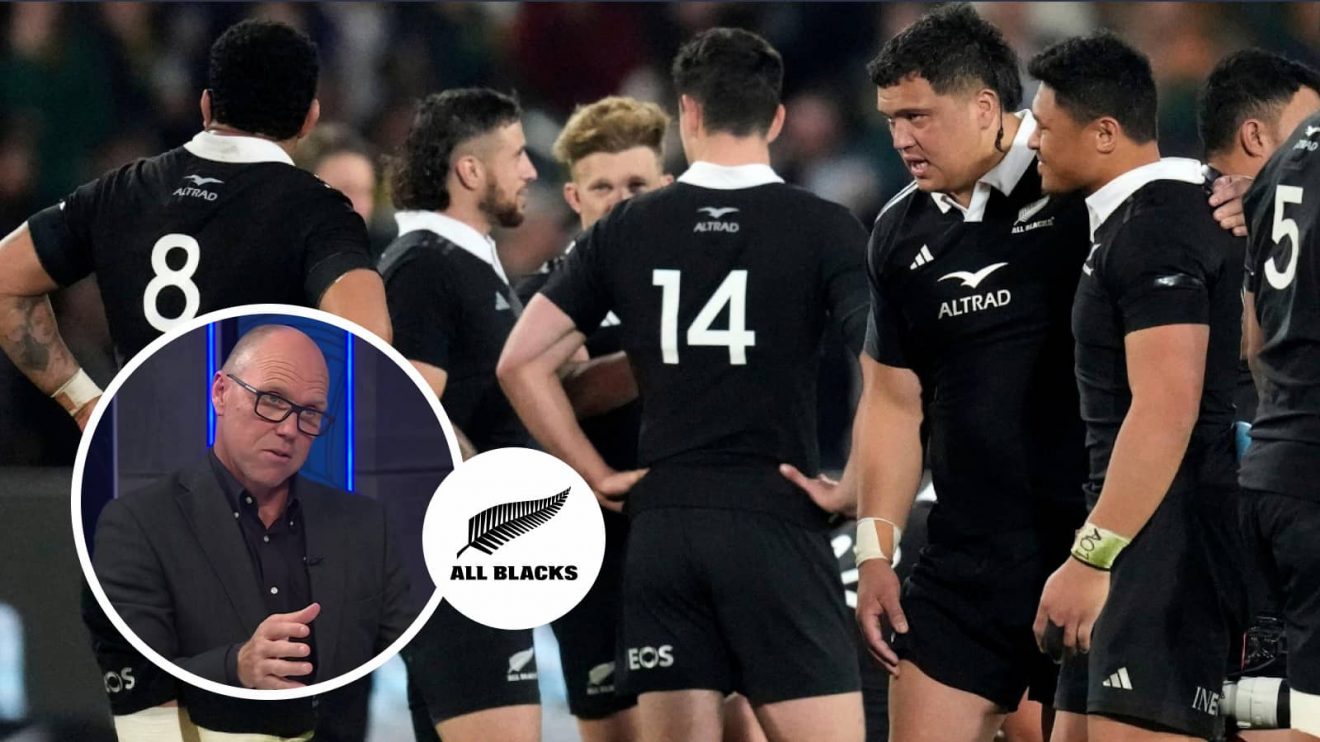 All Blacks players during their tour to South Africa and ex-wing Jeff Wilson (inset).