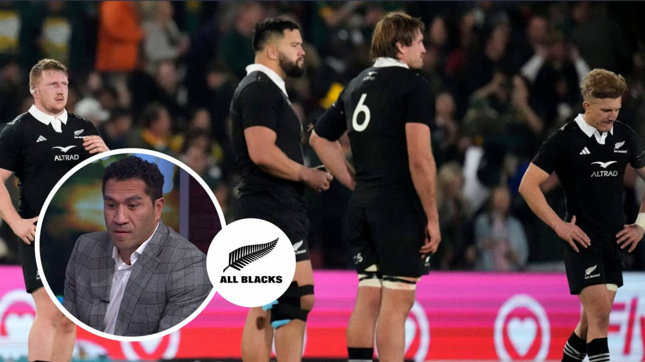 All Blacks players dejected after Springboks loss and centurion Mils Muliaina (inset).