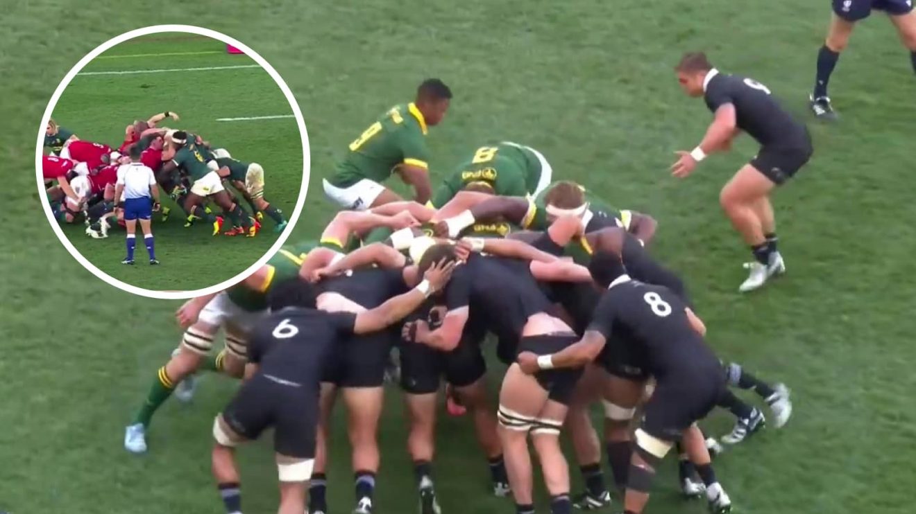 Springboks scrum v All Blacks and an insert from the British and Irish Lions series.