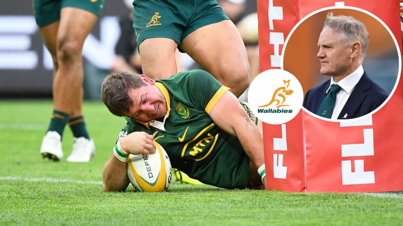 Springboks flanker Kwagga Smith and an insert of Australia coach Joe Schmidt.
