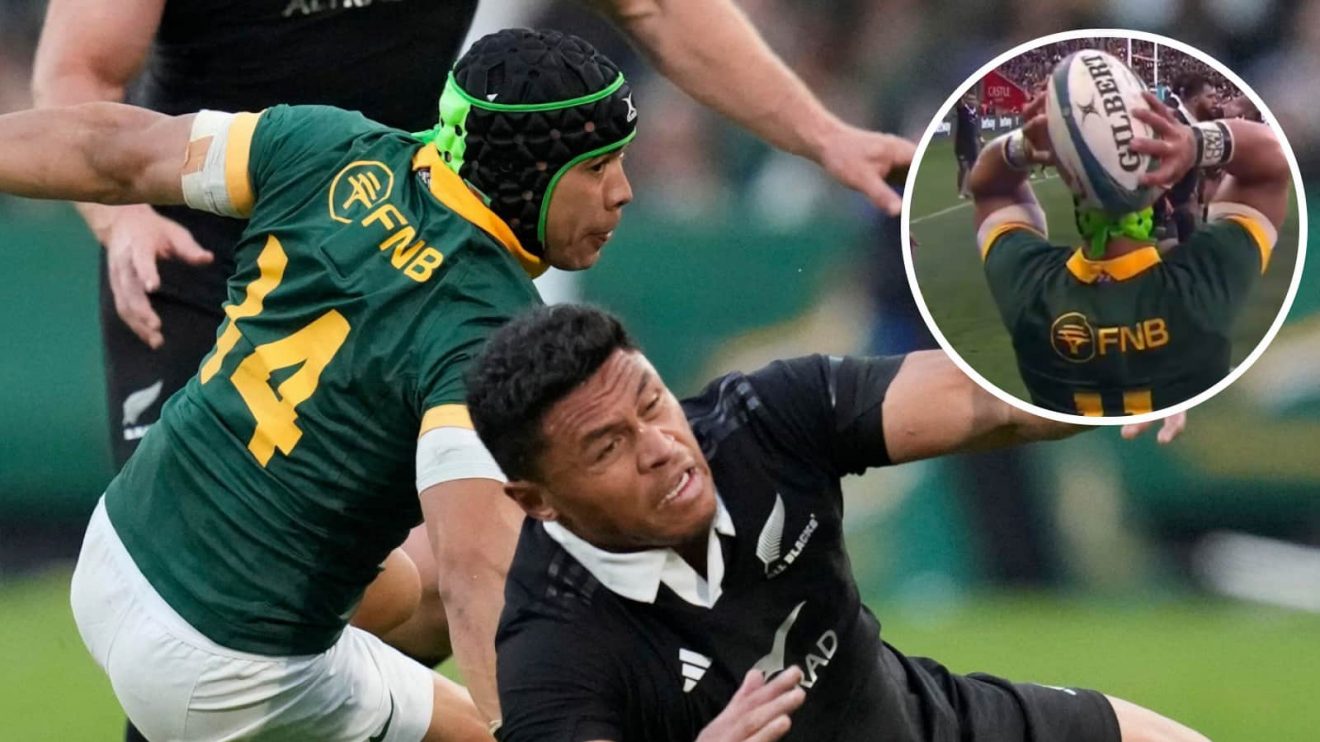 Springboks wing Cheslin Kolbe during All Blacks Test and his lineout throw (inset).