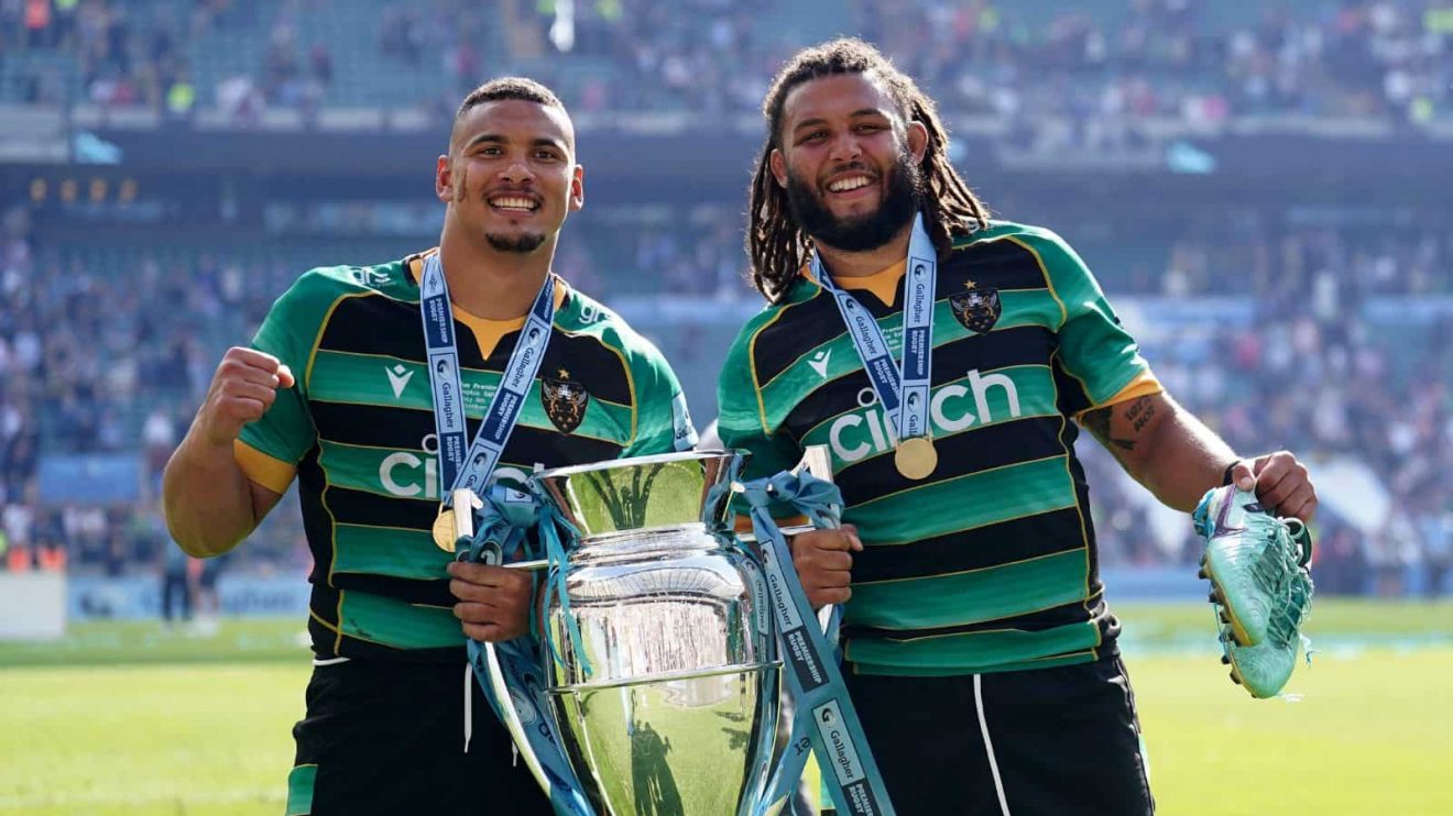 Northampton Saints' Juarno Augustus and Lewis Ludlam with the trophy after the Gallagher Premiership final at Twickenham Stadium, London.