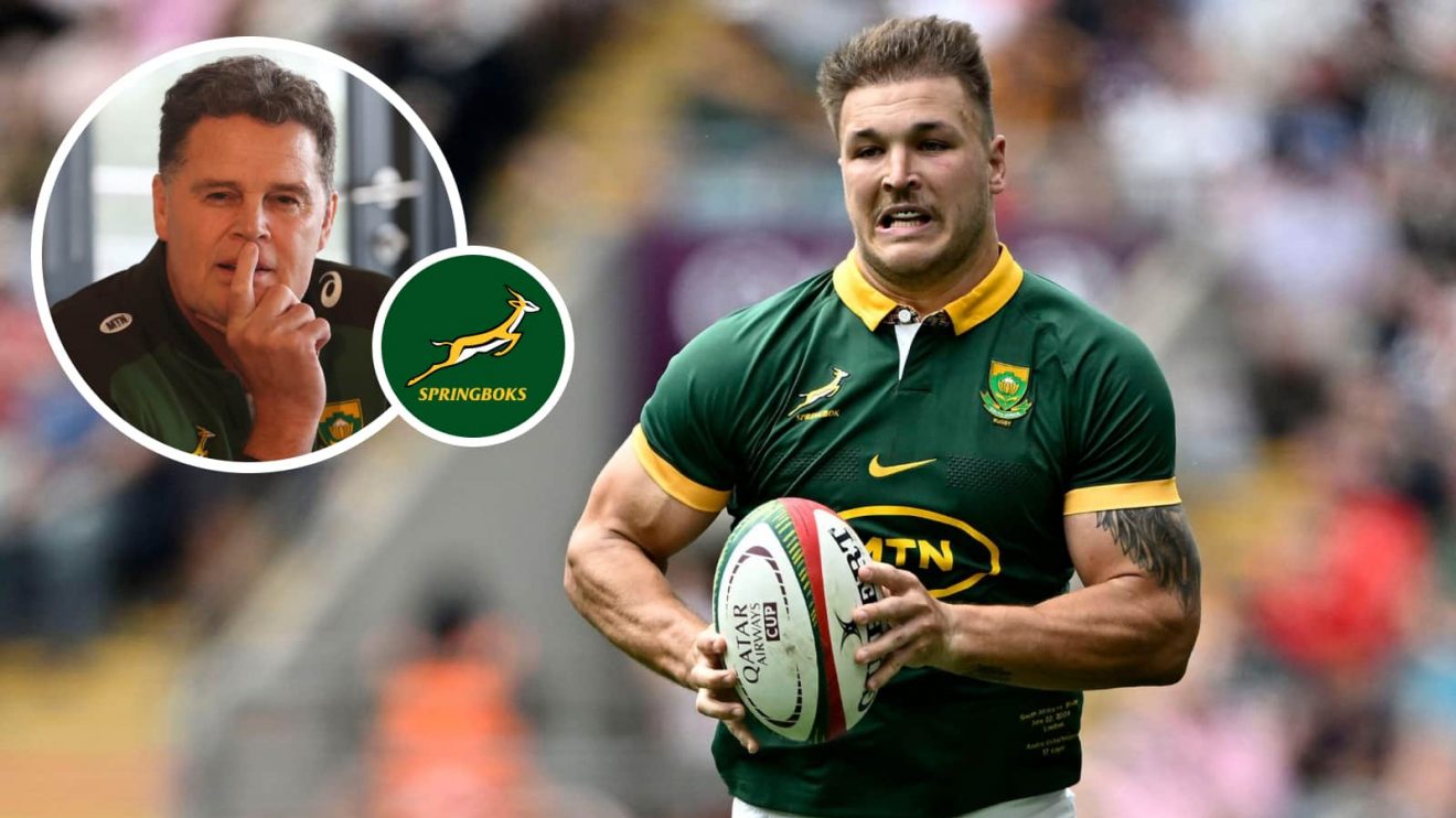 Springboks centre Andre Esterhuizen and an insert of Rassie Erasmus.