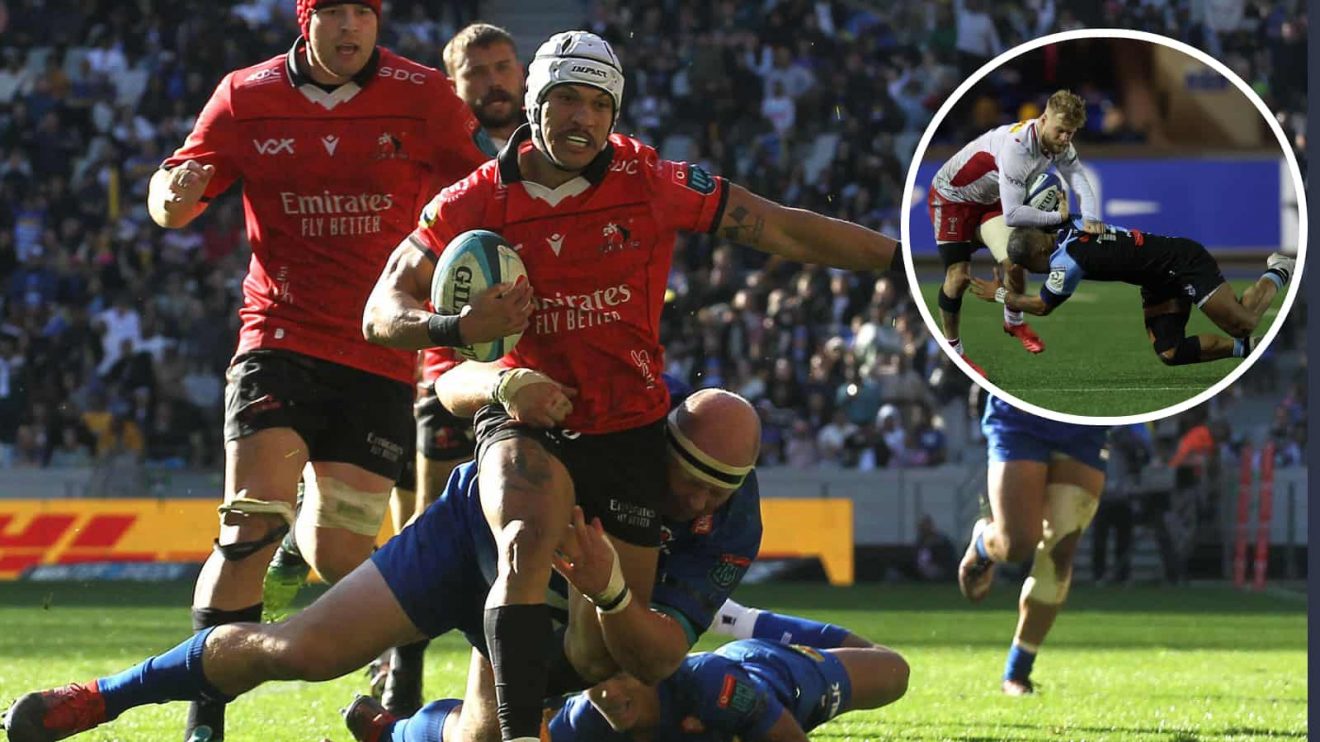 Lions winger Edwil van der Merwe in action in the URC and an insert of Harlequins v Cardiff.