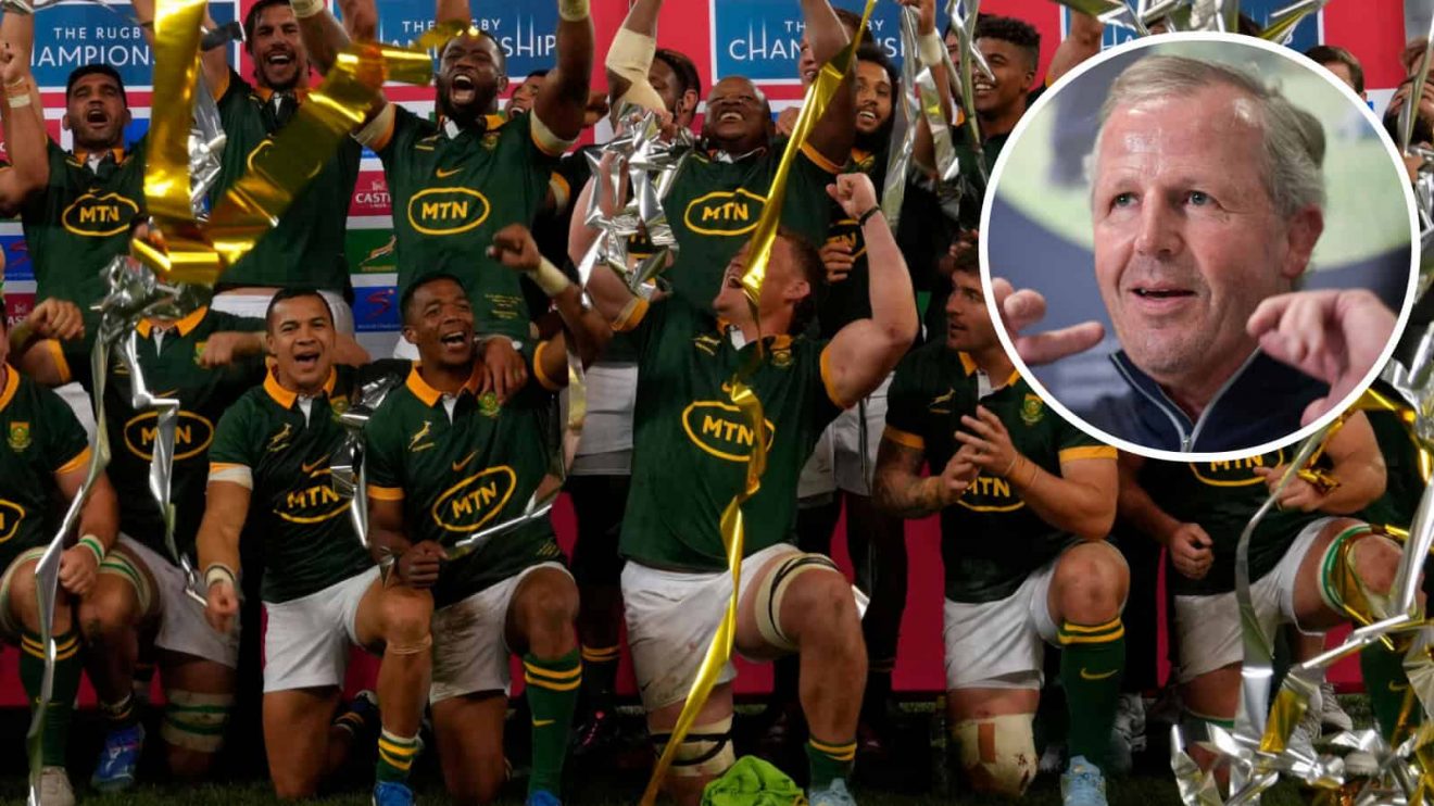 Springboks lifting the Freedom Cup and former All Black Sean Fitzpatrick (inset).