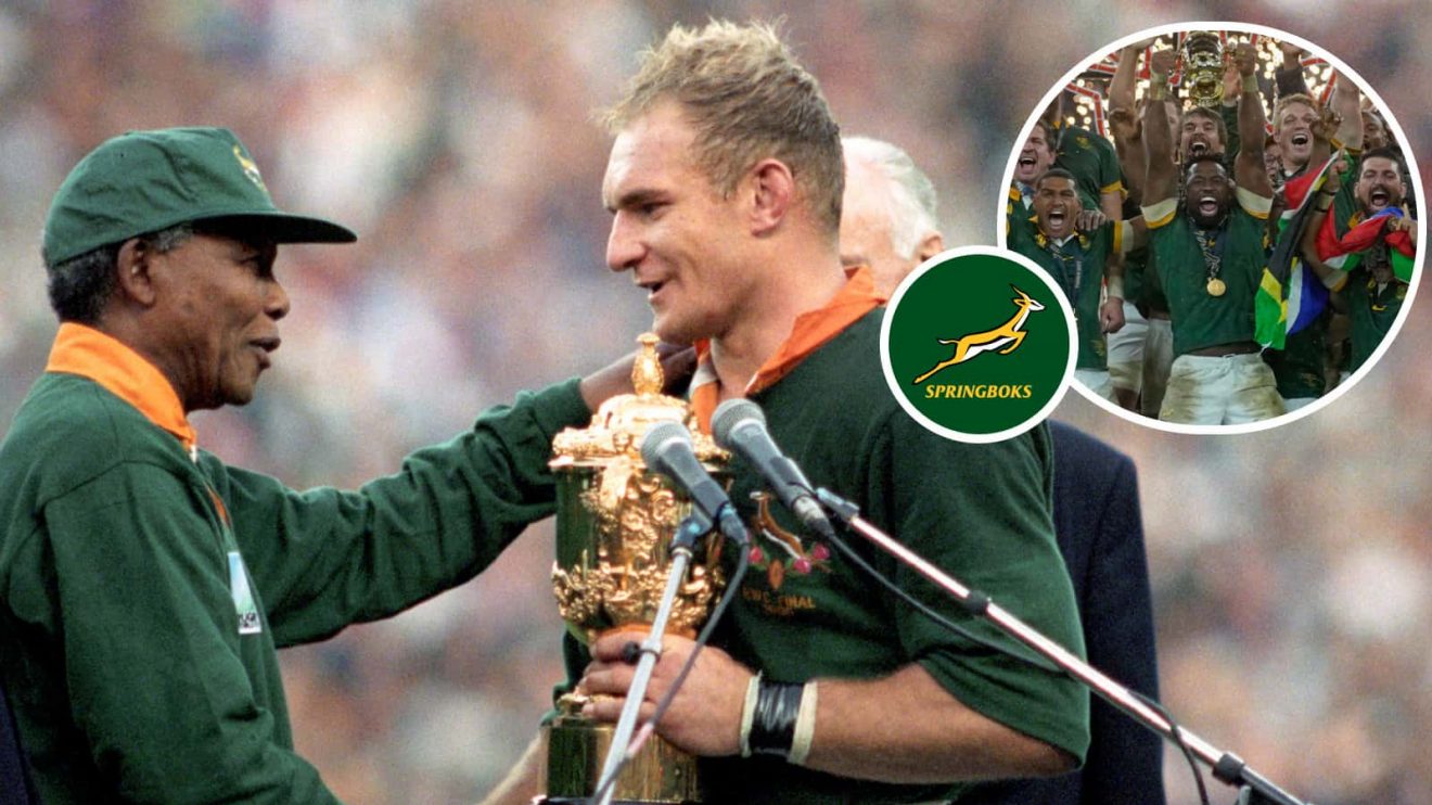 Nelson Mandela hands Francois Pienaar the Webb Ellis Cup, and Springboks celebrate title in 2023 (inset).