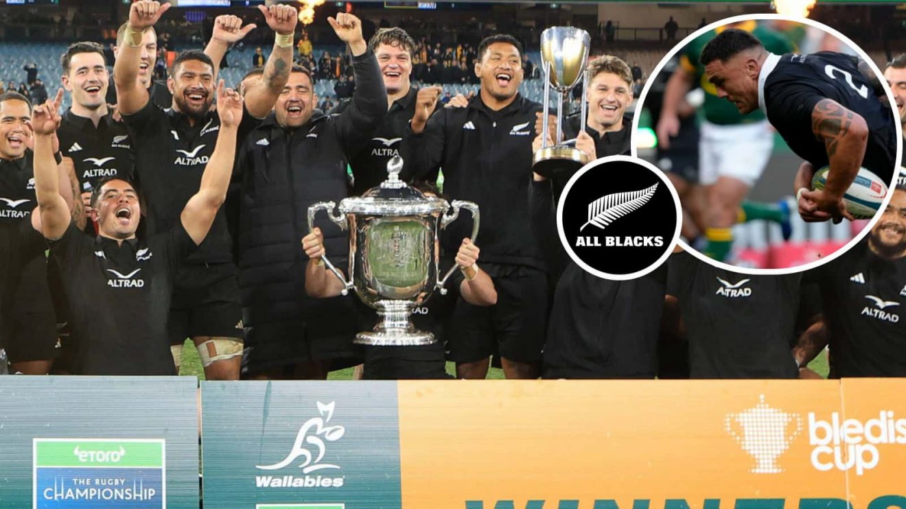 All Blacks with the Bledisloe Cup in 2023 and hooker Codie Taylor (inset).