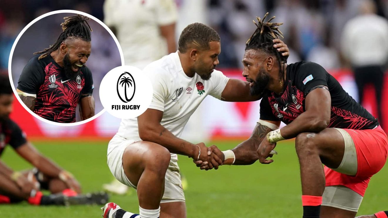 Fiji captain Waisea Nayacalevu and England's Ollie Lawrence at the 2023 Rugby World Cup.