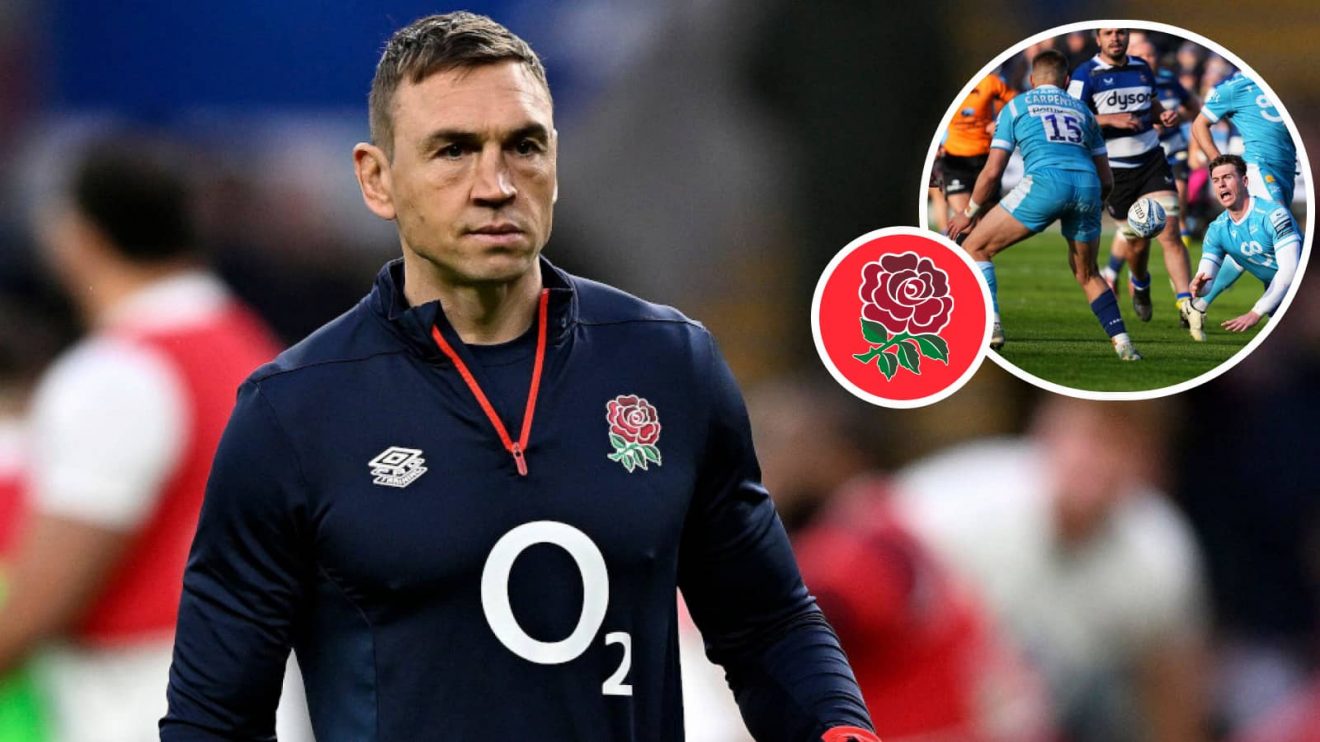 England coach Kevin Sinfield and Sale Sharks duo Joe Carpenter and Tom Roebuck (inset).