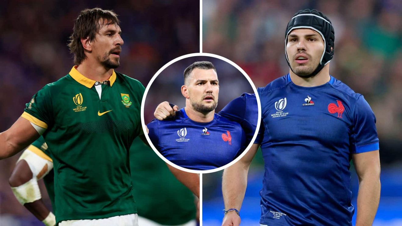A split image of Springboks star Eben Etzbeth and France captain Antoine Dupont with Francois Cros in the centre.