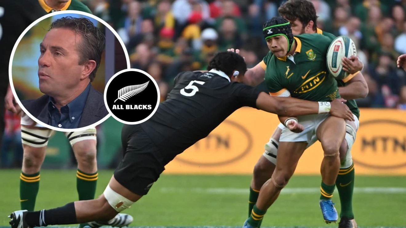 Springboks winger Cheslin Kolbe and an insert of ex-All Blacks scrum-half Justin Marshall.