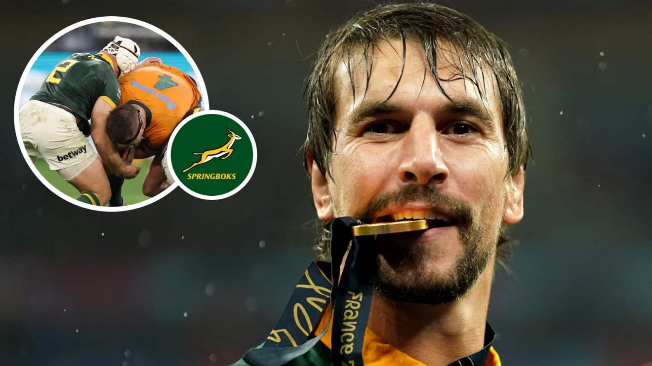 Springboks lock Eben Etzebeth and an insert of Johan Grobbelaar