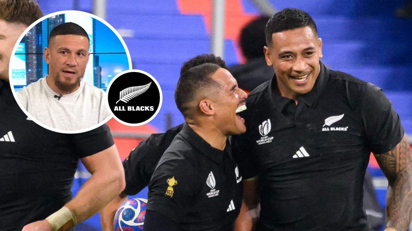 All Blacks Shannon Frizell and Aaron Smith with an insert of Sonny Bill Williams.