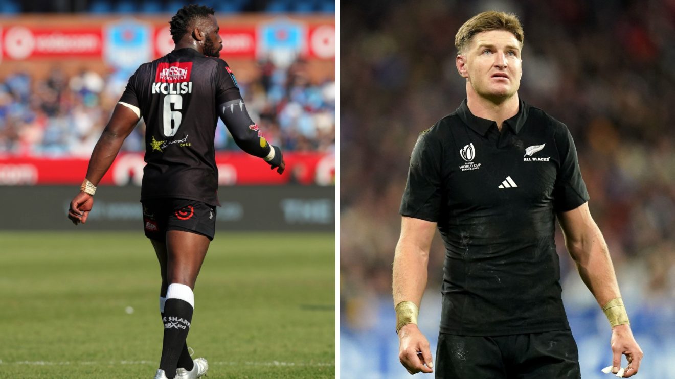 Split with Sharks' Siya Kolisi and Jordie Barrett.