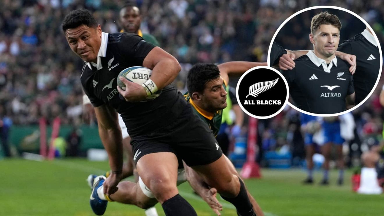 All Blacks winger Caleb Clarke and an insert of Beauden Barrett.