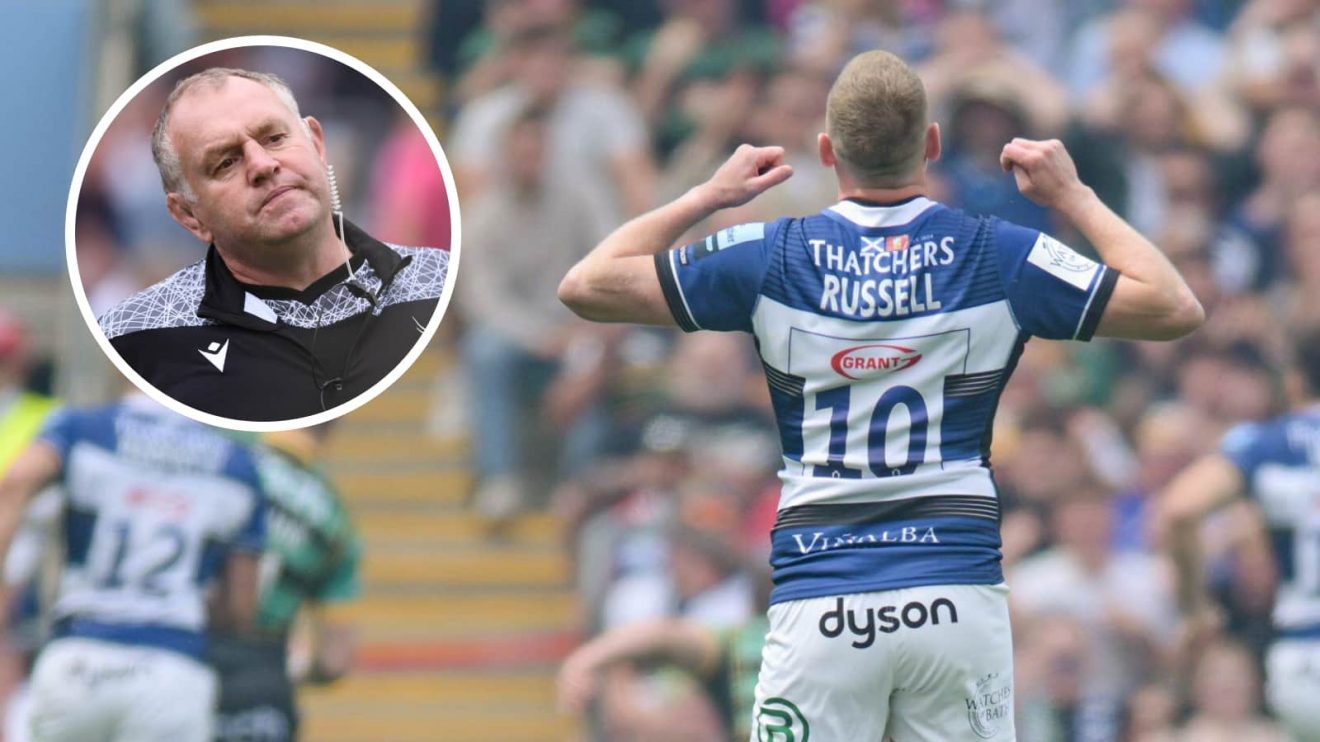 Bath's Finn Russell and an insert of ex-Premiership boss Dean Richards.