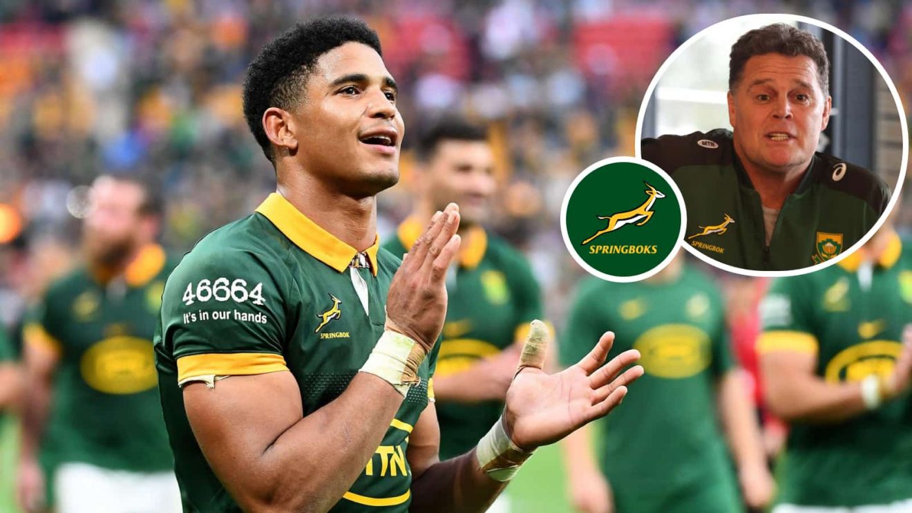 Sacha Feinberg-Mngomezulu and Springboks boss Rassie Erasmus