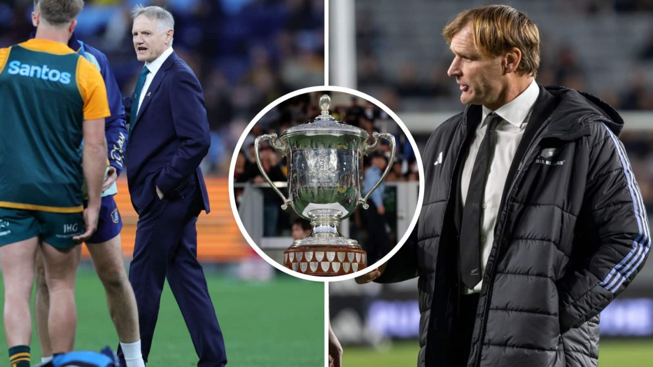 Joe Schmidt and Scott Robertson alongside the Bledisloe Cup