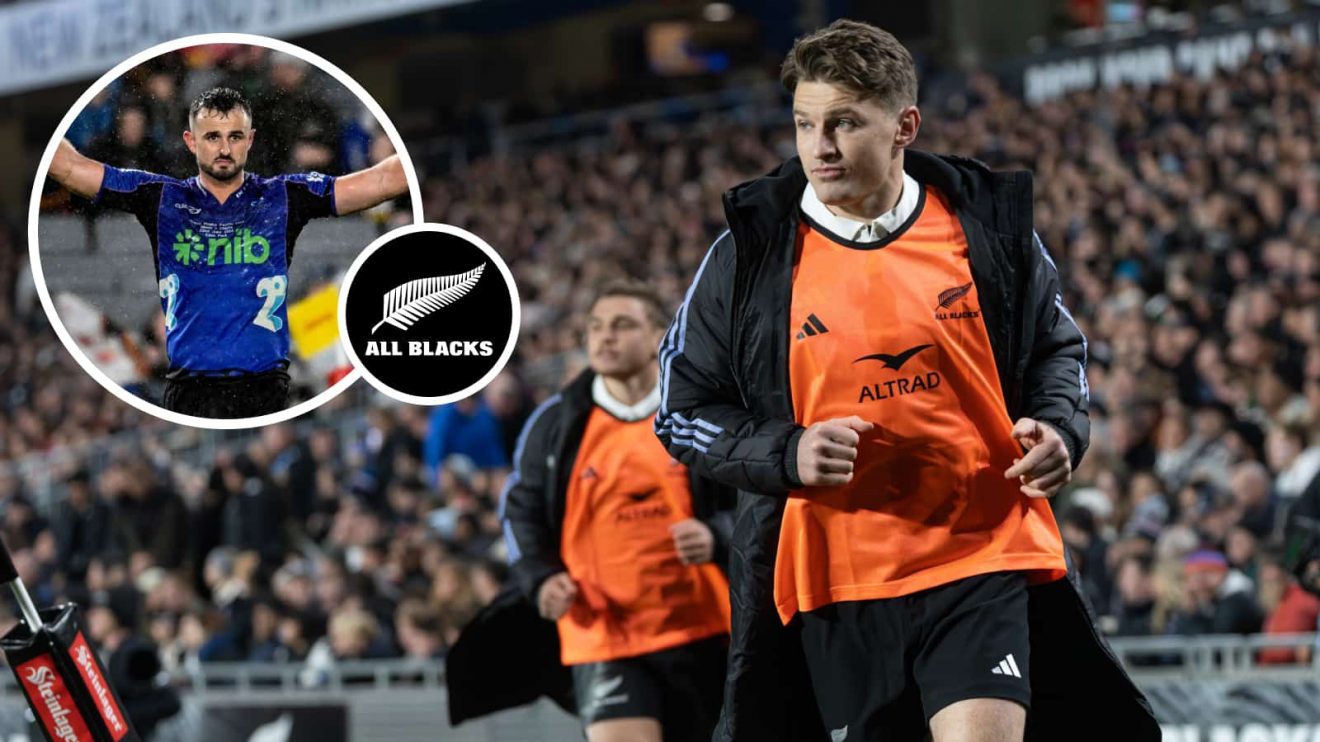 All Blacks fullback Beauden Barrett and an insert of Harry Plummer.