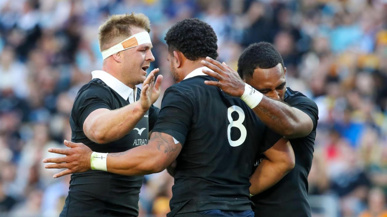 All Blacks Ardie Savea celebrates with Sam Cane and Sevu Reece after scoring during the Rugby Championship match between the Australia and the New Zealand at Accor Stadium in Sydney.