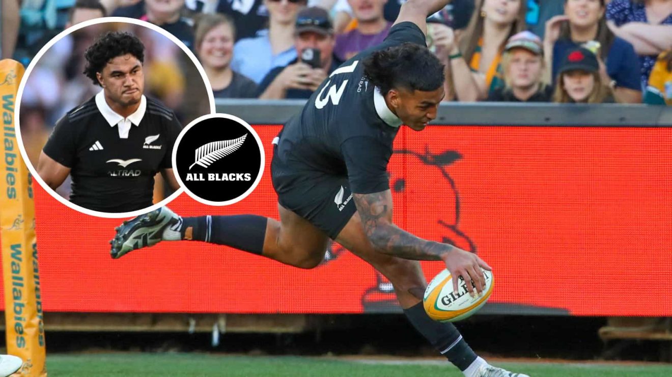All Blacks centre Rieko Ioane and an insert of Wallace Sititi against Australia.