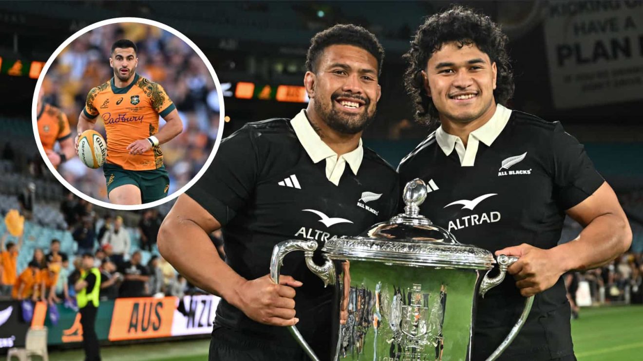 All Blacks Wallace Sititi and Ardie Savea and an insert of Australia's Tom Wright.