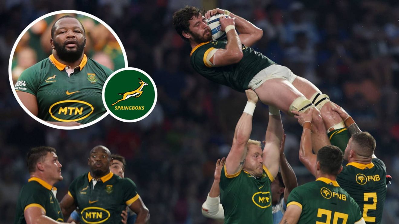 Springboks in action against Argentina and Ox Nche (inset).