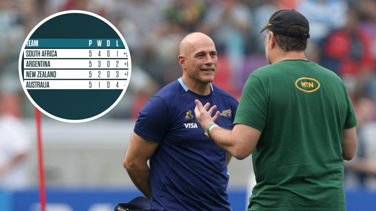 Felipe Contepomi and Rassie Erasmus plus the Rugby Championship table