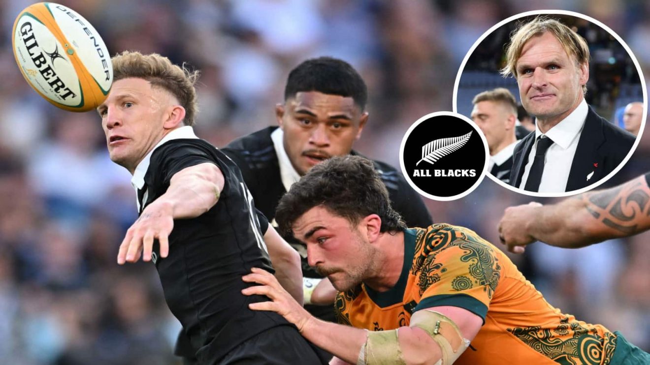 Damian McKenzie in action against the Wallabies, and All Blacks head coach Scott Robertson (inset).