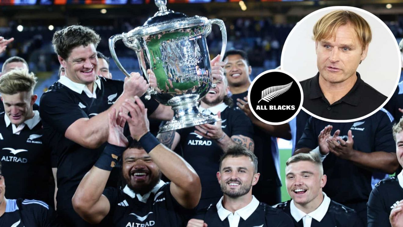 All Blacks lifting the Bledisloe Cup and head coach Scott Robertson (inset).