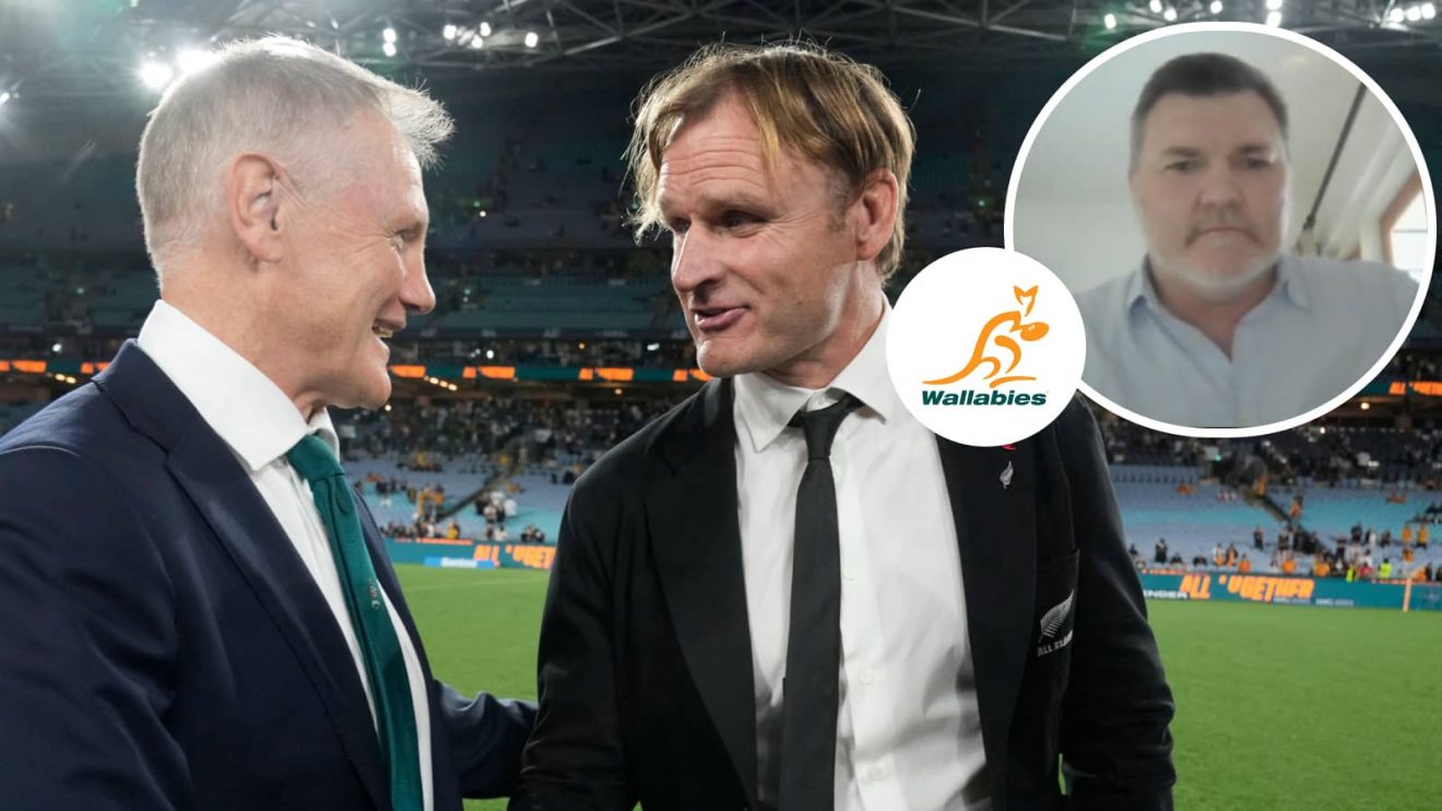 All blacks boss Scott Robertson and Wallabies head coach Joe Schmidt with an insert of Rugby Australia chair Daniel Herbert.