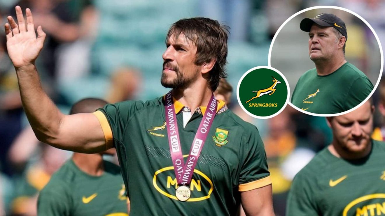 Springboks lock Eben Etzebeth and an insert of head coach Rassie Erasmus