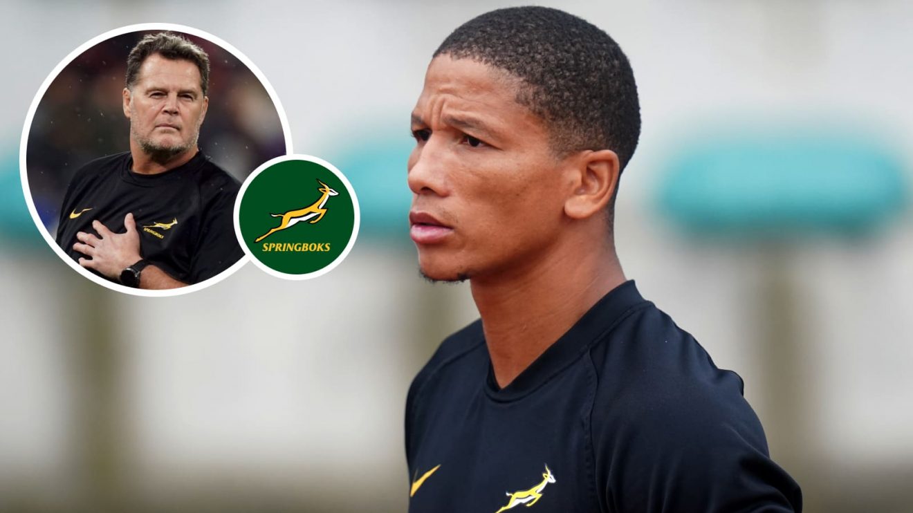 Manie Libbok and an insert of Springboks coach Rassie Erasmus.