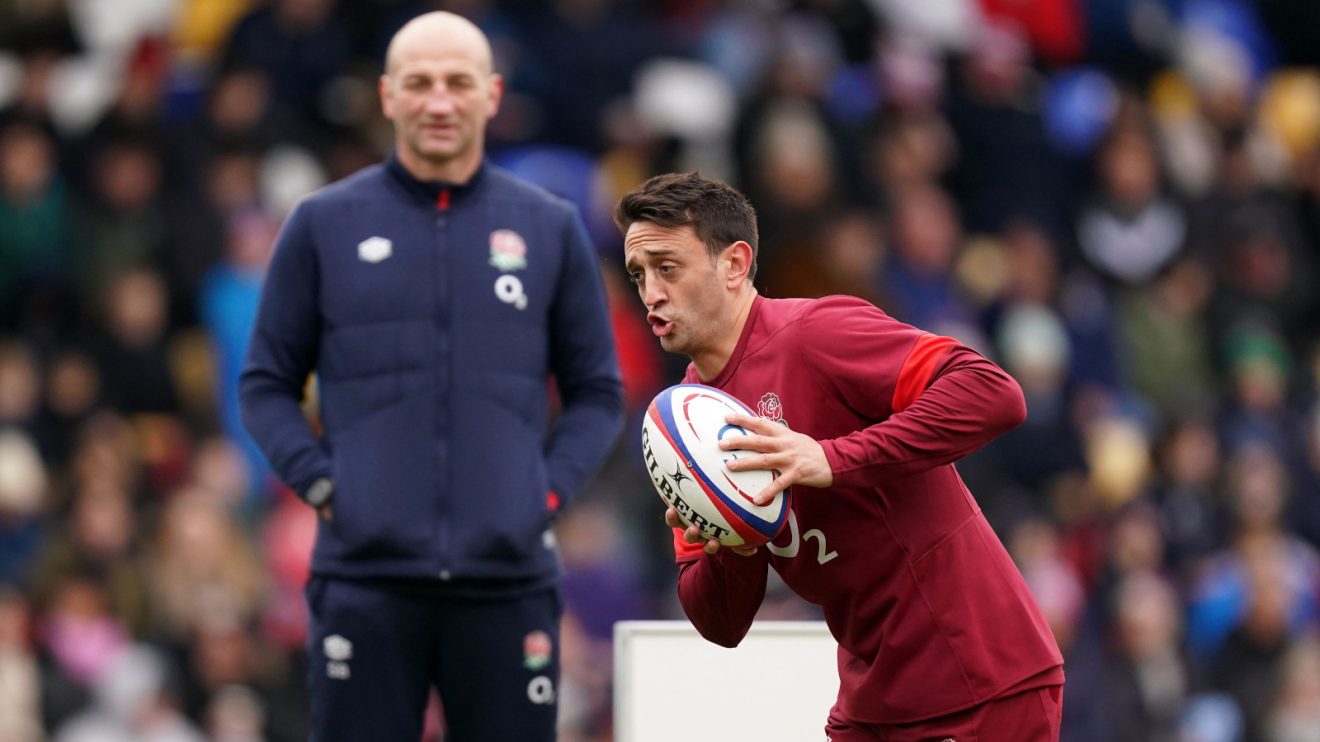 England head coach Steve Borthwick watching scrum-half Alex Mitchell.