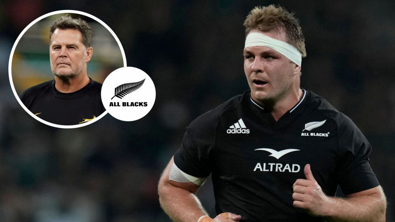 All Blacks flanker Sam Cane and Springboks head coach Rassie Erasmus (inset).